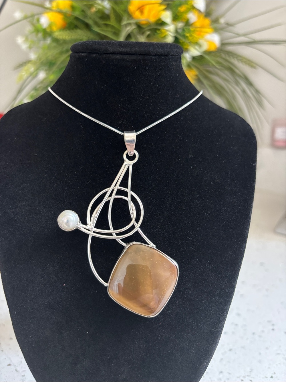 Sterling Silver Mookaite Jasper & Pearl Gemstone Pendant Necklace